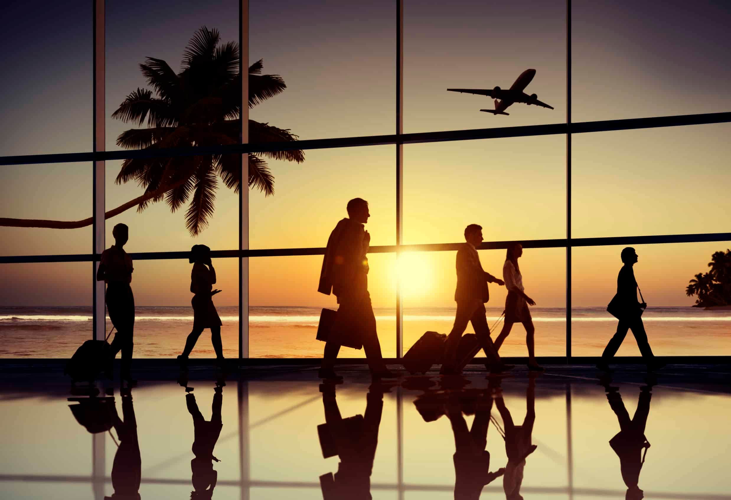 41335798 - back lit business people traveling airplane airport concept