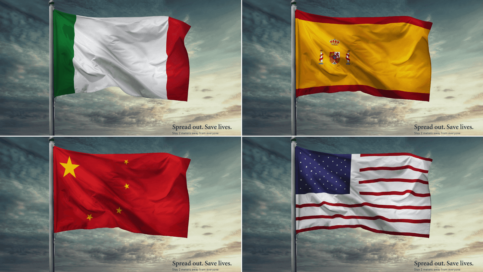 La OMS presenta una campaña de concientización sobre la importancia del distanciamiento usando las banderas de los países más afectados por el coronavirus 01